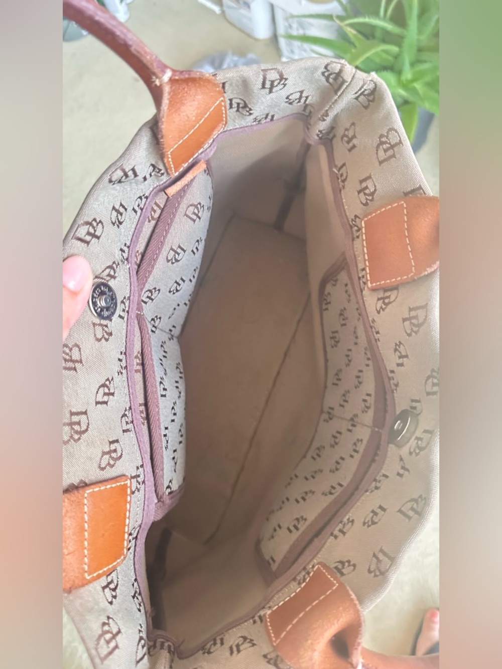 Dooney & Bourke monogram canvas and leather drawstring tote bag. - Picture 6 of 11